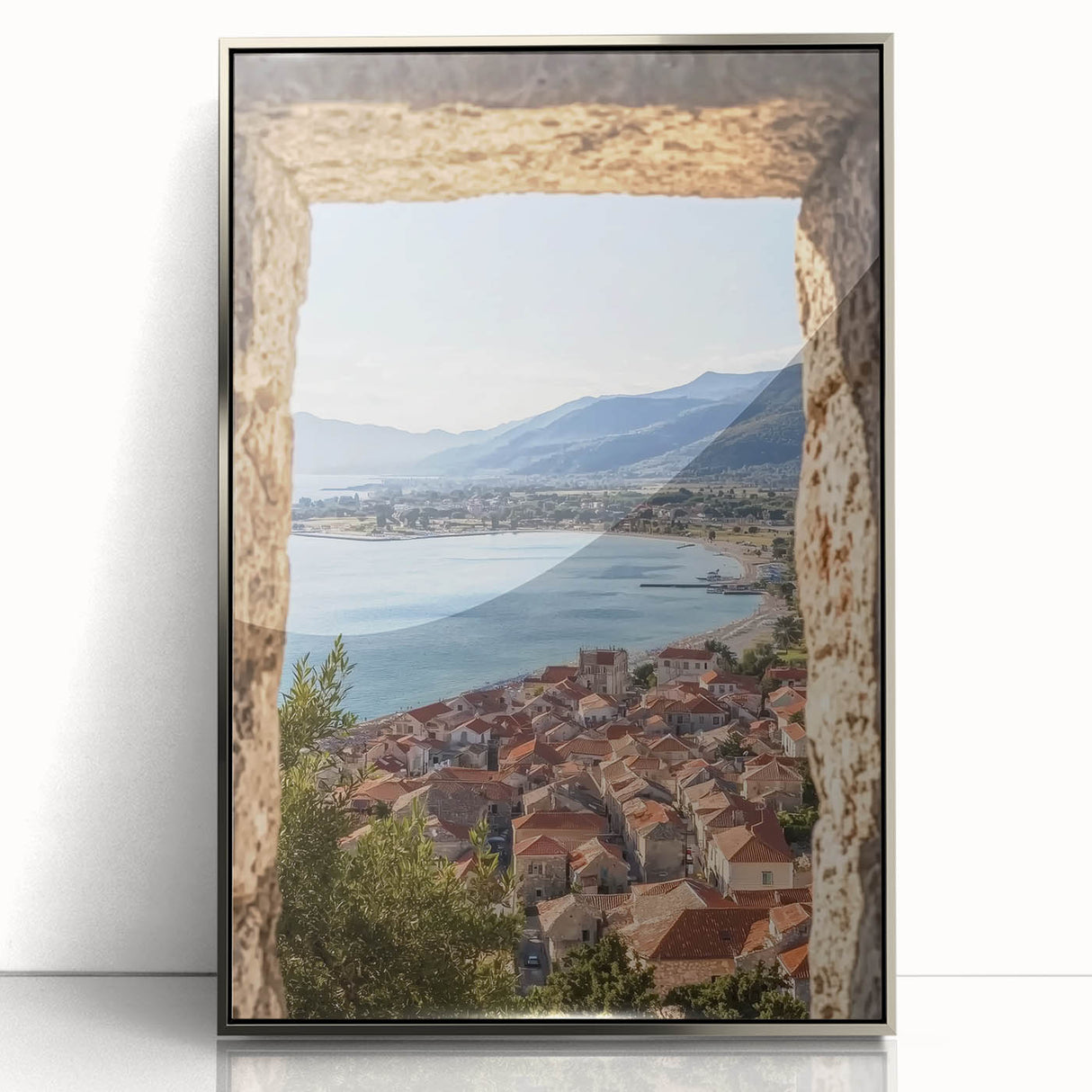 Framed acrylic landscape artwork showcasing a majestic castle with vibrant colors and intricate details, set in a silver frame, ideal for home decor.