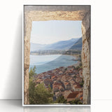 Framed acrylic landscape artwork depicting an enchanting castle surrounded by serene nature, featuring a white frame that enhances its elegance, ideal for home decor.