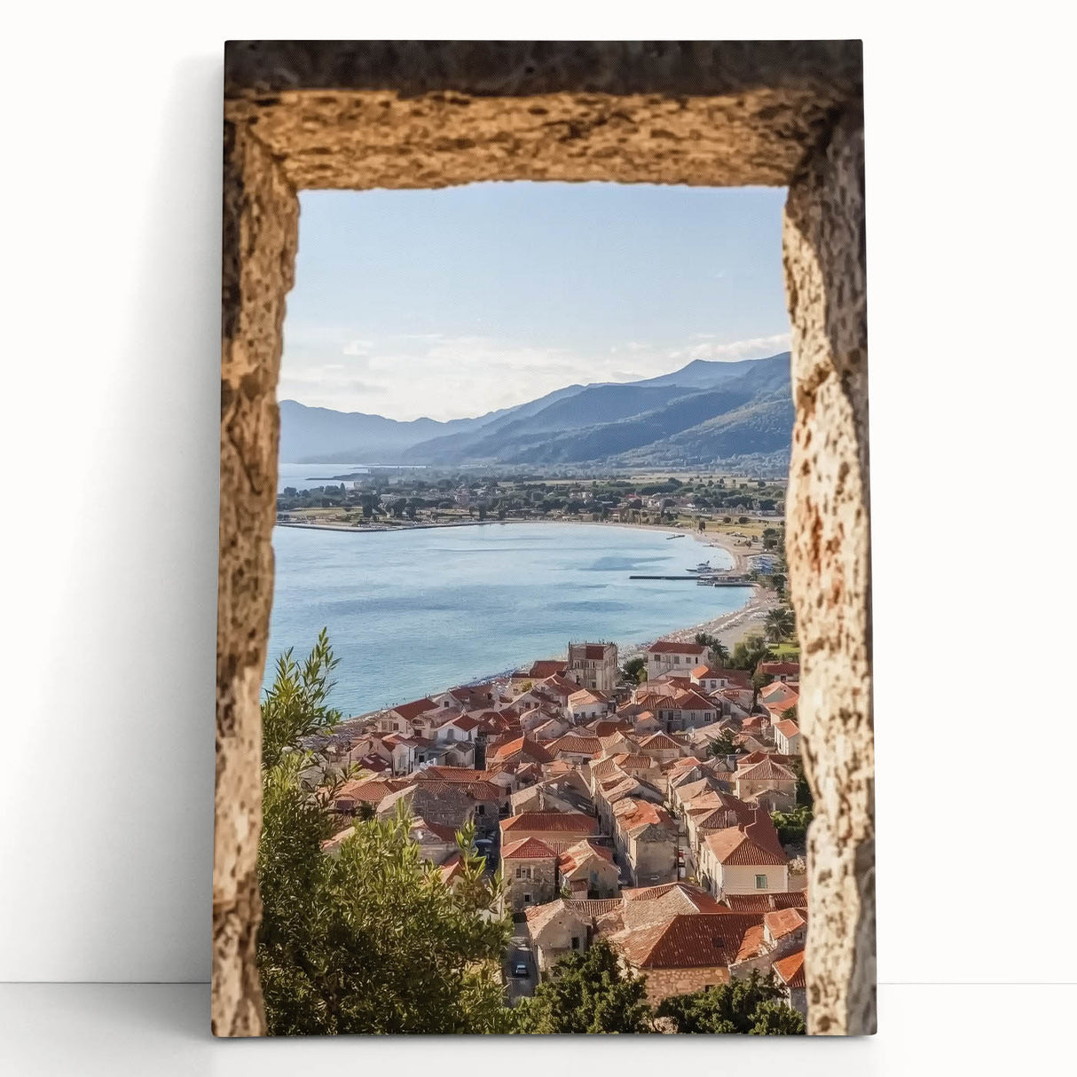 Vibrant stretched canvas artwork depicting a serene landscape with a majestic castle, rich colors and intricate details, perfect for home decor or art enthusiasts.