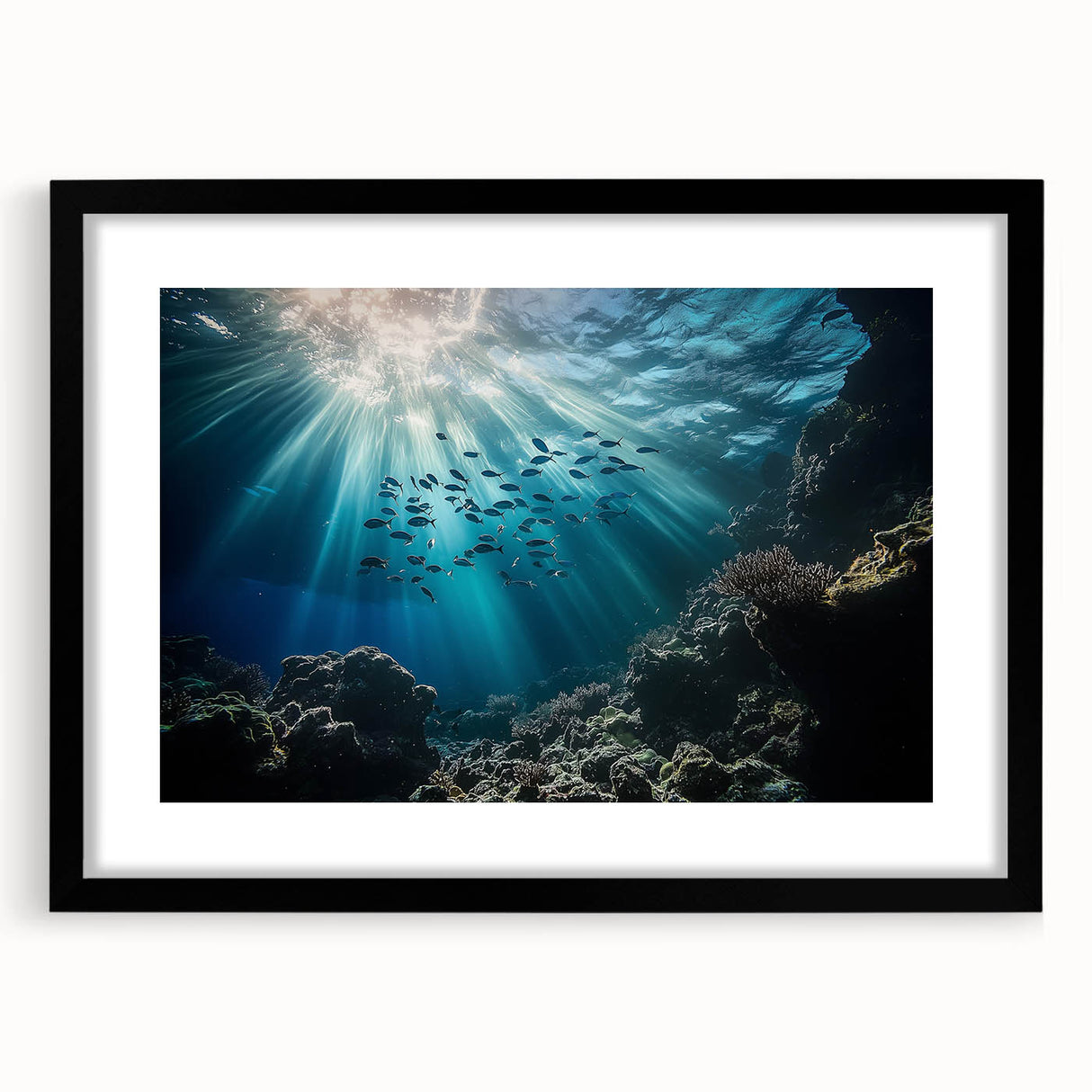 Framed black landscape artwork depicting intricate cave formations, featuring a textured mat and minimalist design, perfect for modern home decor.