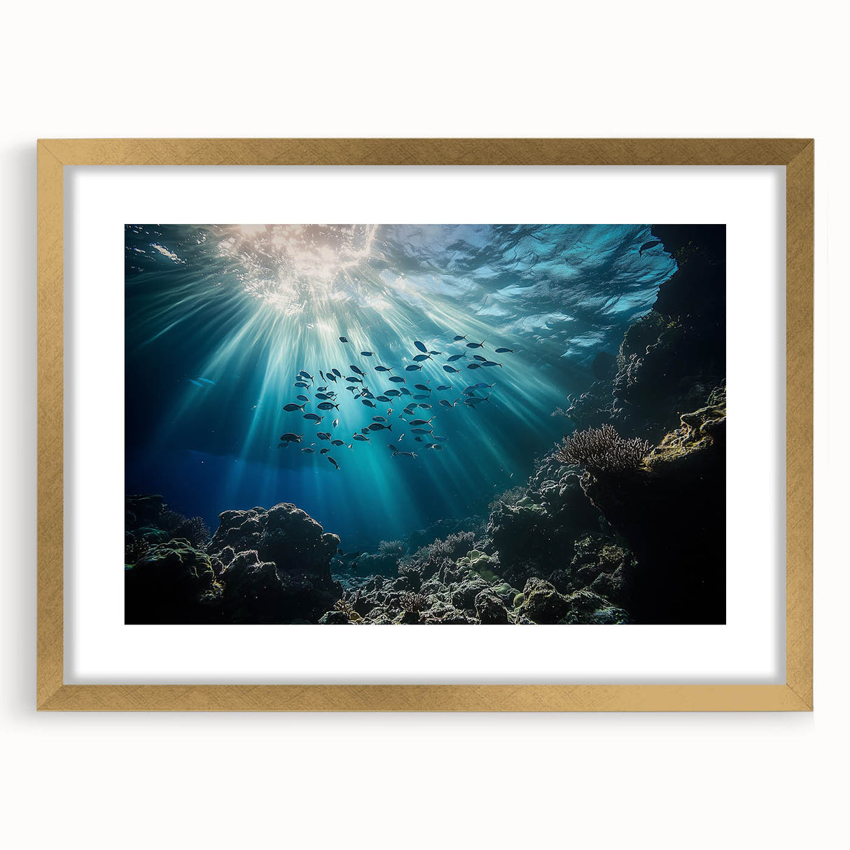 Gold-framed landscape artwork featuring intricate cave designs, elegantly matted, ideal for home decor or office settings, showcasing a blend of natural earthy tones.