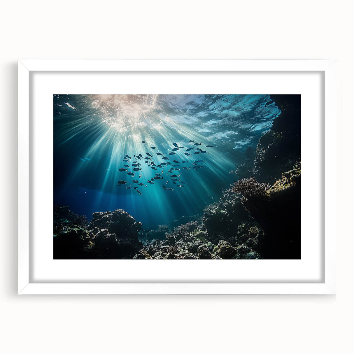Framed landscape artwork showcasing a serene cave scene, featuring a white mat and sleek frame that enhances its natural beauty, ideal for home decor.