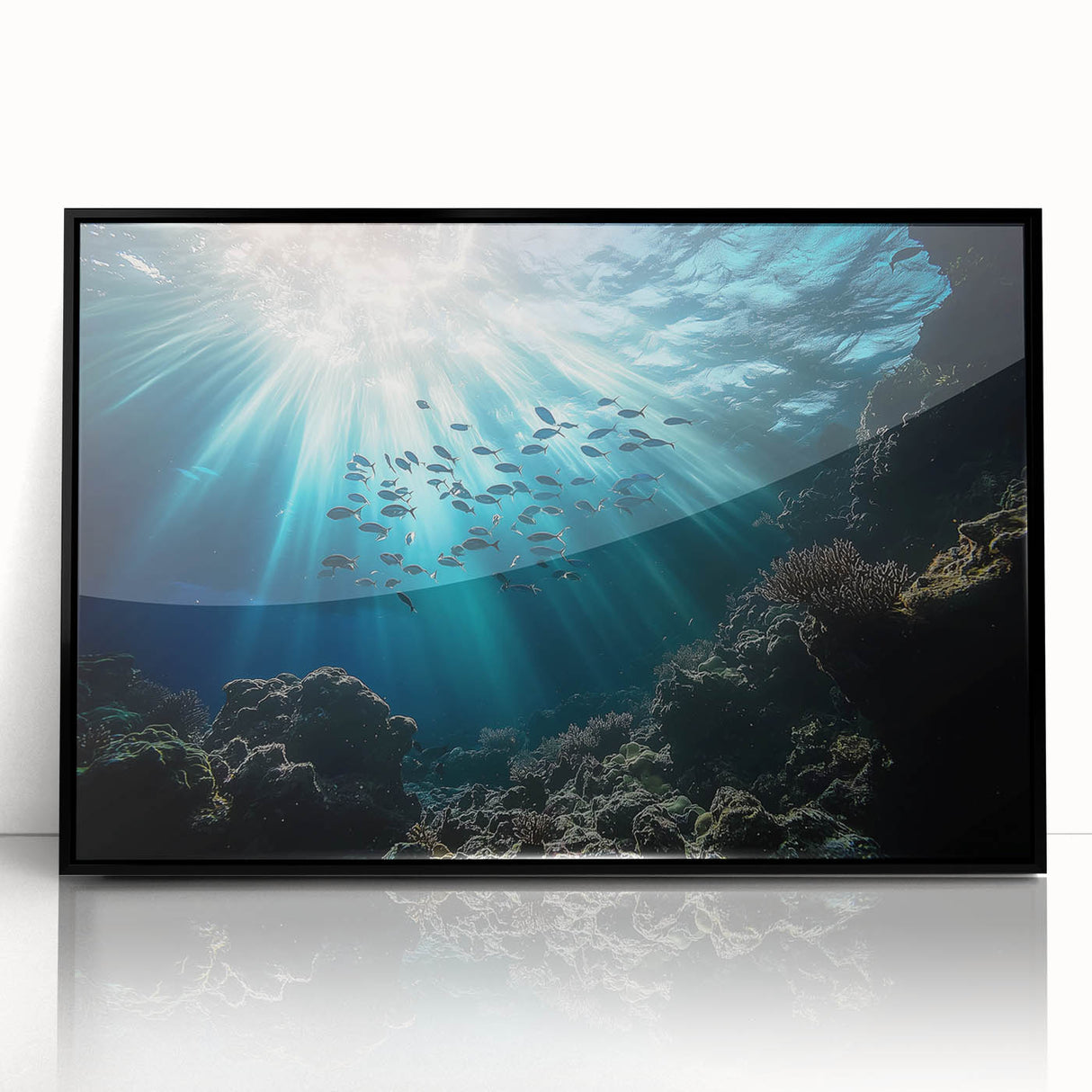 Framed acrylic artwork depicting a stunning landscape of caves, featuring rich earthy tones and intricate details, presented in a sleek black frame for modern decor.