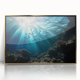 Framed acrylic artwork showcasing a stunning landscape with intricate cave formations, highlighted by a luxurious gold frame, ideal for modern home decor.
