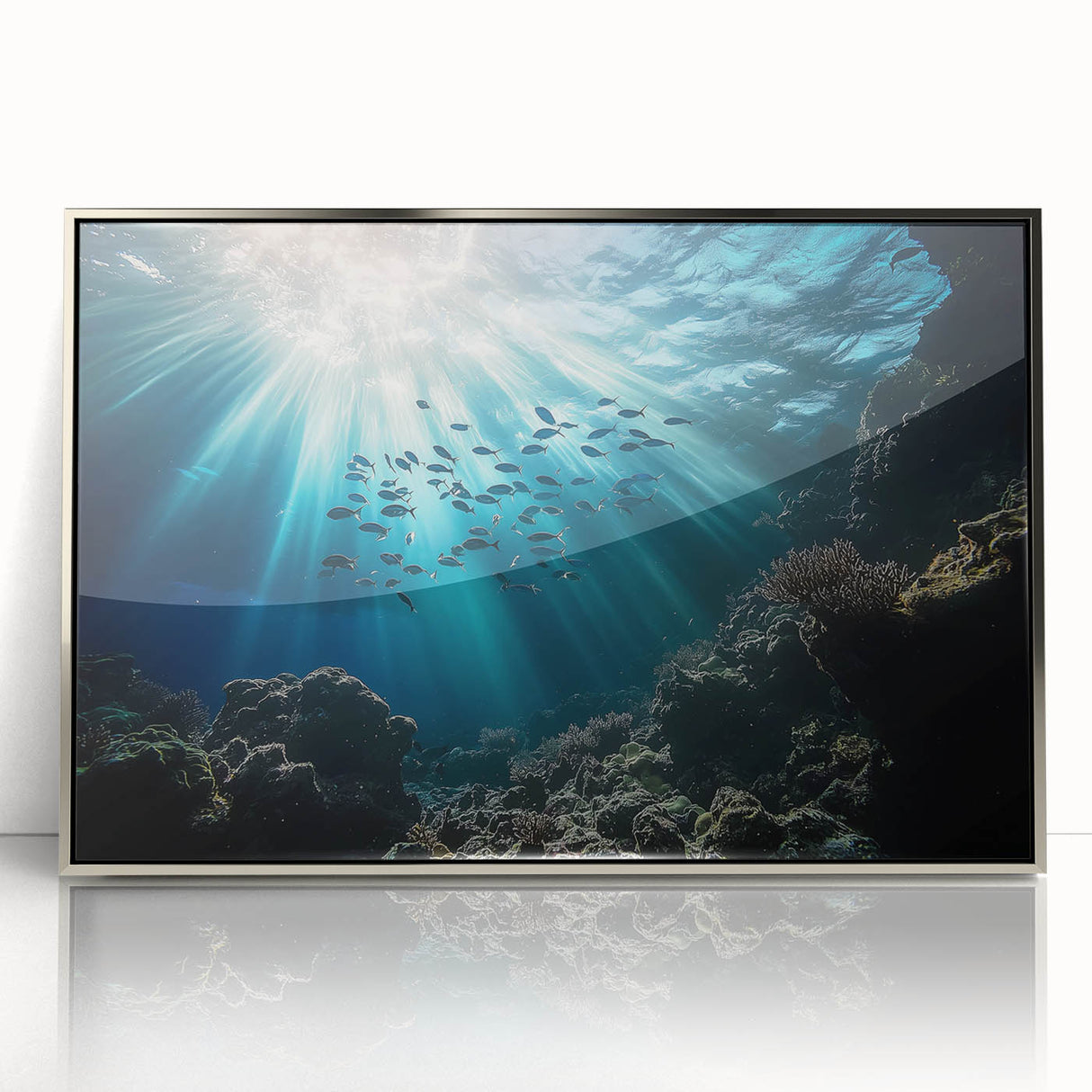 Framed acrylic artwork depicting a serene landscape with caves, showcasing intricate details and vibrant colors, perfect for modern home decor.