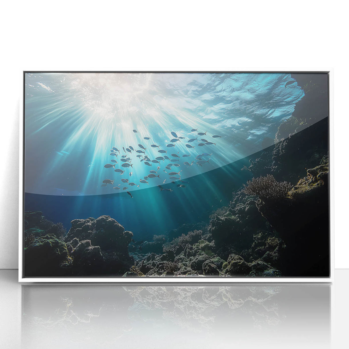 Framed acrylic artwork depicting a serene cave landscape in vibrant colors, featuring intricate details and a modern white frame, perfect for home decor.