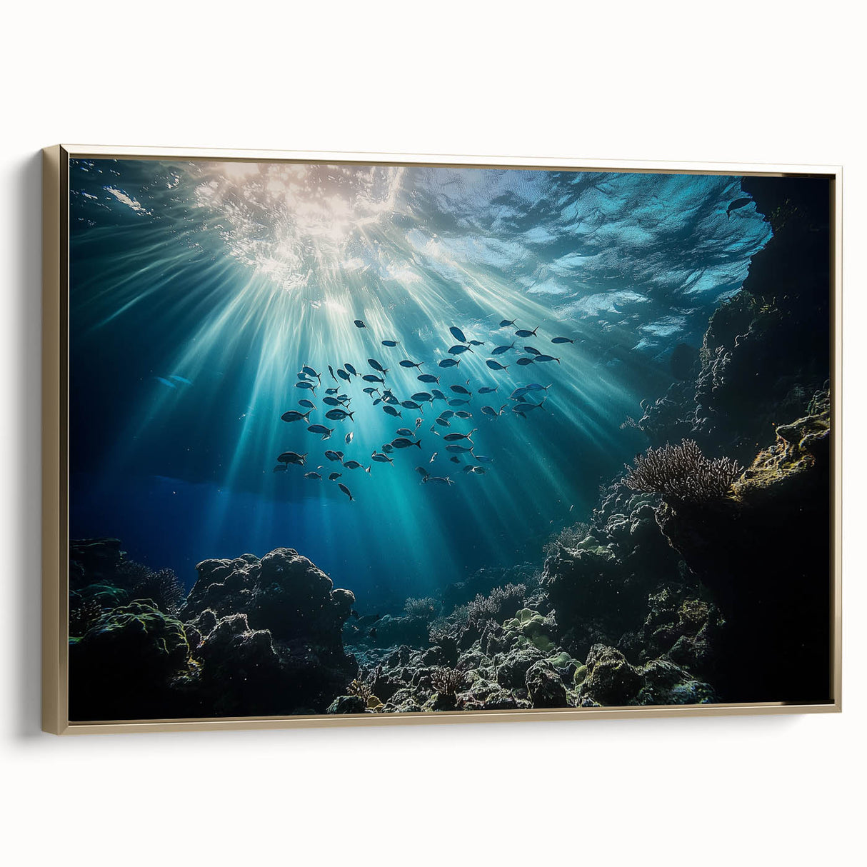 Framed canvas artwork showcasing a vibrant cave landscape, accented with gold edges, presenting a side view that enhances its elegant appeal; perfect for modern home decor.