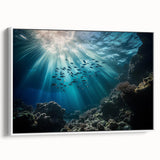Framed canvas artwork depicting a serene landscape with caves, featuring soft colors and intricate details, perfect for home decor or office spaces.
