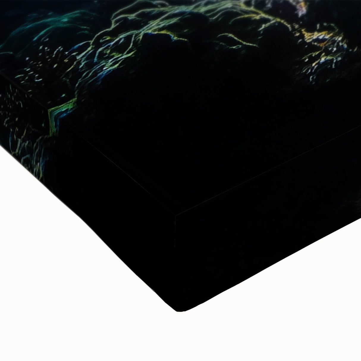 Close-up of a vibrant stretched canvas depicting a serene landscape with caves, showcasing rich earthy tones and intricate details, ideal for home decor.