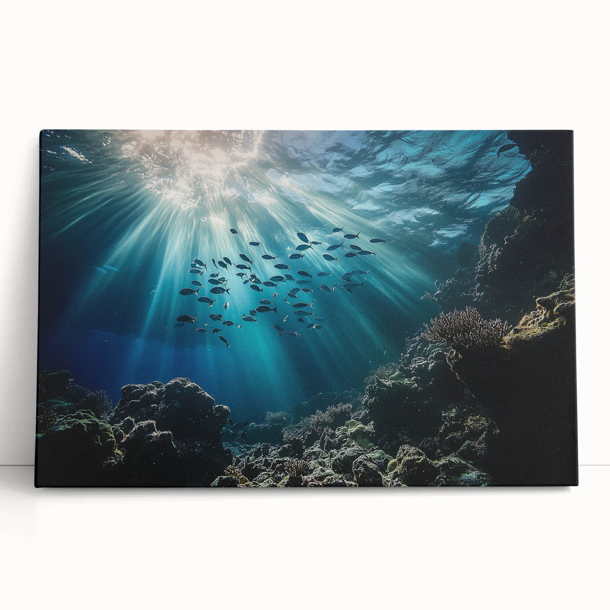 Stretched canvas artwork depicting a serene landscape with caves, featuring earthy tones and intricate details, ideal for home or office decor.
