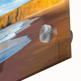 Close-up of a vibrant acrylic landscape artwork depicting dramatic cliffs and serene skies, showcasing rich colors and intricate brushwork, ideal for modern decor.