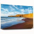 Acrylic landscape artwork depicting vibrant cliffs and serene skies, mounted with metal pins for a sleek side view display, perfect for modern home decor.