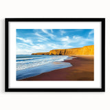 Framed landscape print showcasing dramatic cliffs in a black mat, ideal for home decor, emphasizing natural beauty and serenity in interior spaces.