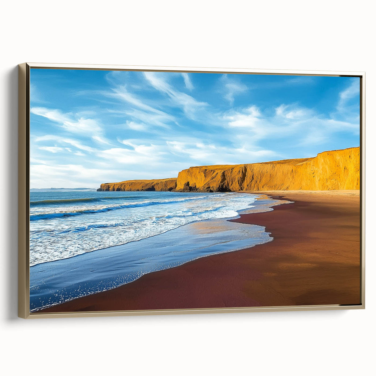Framed canvas artwork showcasing a scenic cliff landscape with vibrant colors and gold accents, perfect for enhancing contemporary home decor. The side view highlights its depth and elegance.