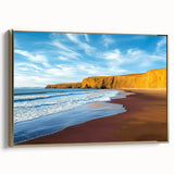 Framed canvas artwork showcasing a scenic cliff landscape with vibrant colors and gold accents, perfect for enhancing contemporary home decor. The side view highlights its depth and elegance.