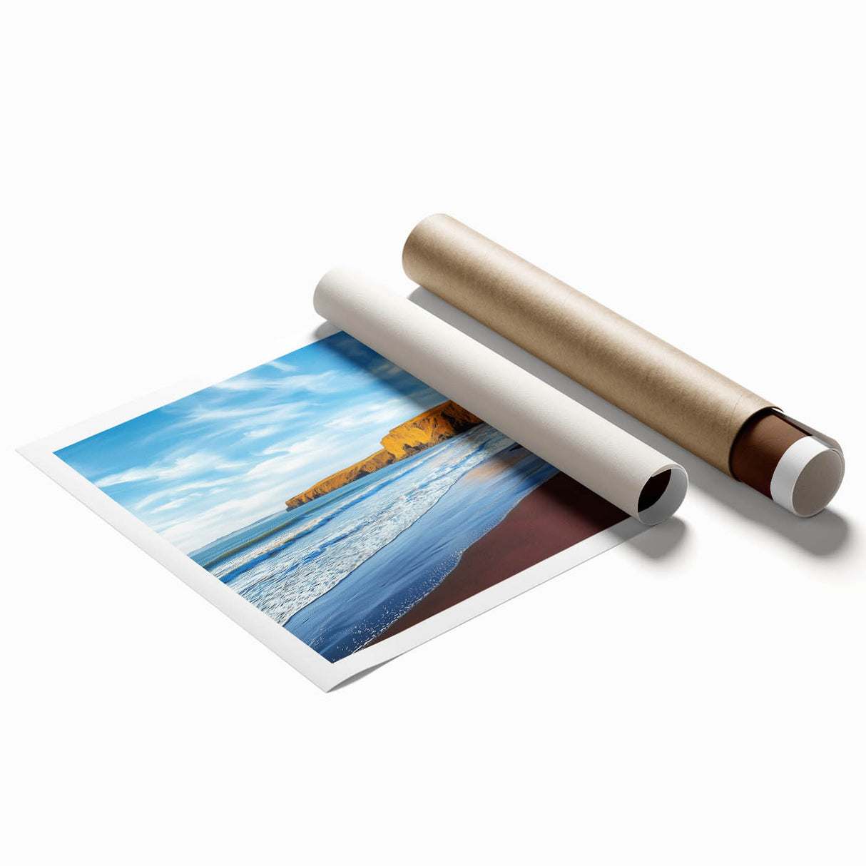 Vibrant rolled print of a stunning cliff landscape, showcasing rich colors and intricate details, elegantly packaged in a protective tube for easy display.
