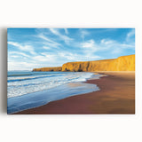 Stretched canvas artwork depicting a vibrant landscape with dramatic cliffs under a colorful sky, ideal for home decor and artistic inspiration. Perfect for nature enthusiasts.