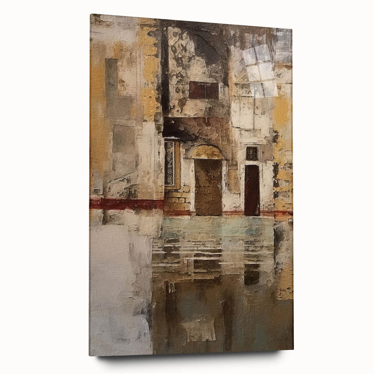Abstract architectural wall art displayed in a sleek acrylic frame, showcasing geometric patterns and vibrant colors, perfect for modern home decor.
