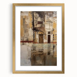 Abstract architecture wall art framed in gold, showcasing geometric shapes and vibrant colors, ideal for modern home decor or office interiors.