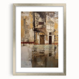 Abstract architectural wall art framed in silver with a mat, showcasing geometric shapes and modern design elements, ideal for contemporary interior decor.