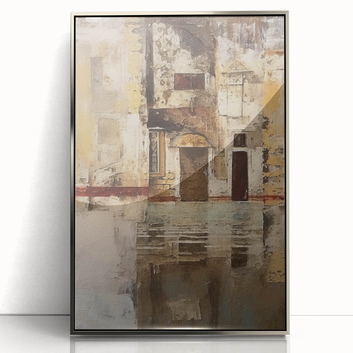 Framed abstract architecture wall art in silver acrylic, showcasing geometric patterns and modern design elements, perfect for contemporary interiors.