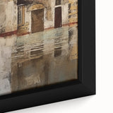 Abstract architecture wall art featuring geometric patterns in blue and gold hues, framed on a canvas, showcasing intricate details and modern design elements.