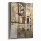 Framed abstract architecture wall art in a sleek silver frame, showcasing geometric patterns and modern design elements, perfect for contemporary decor.