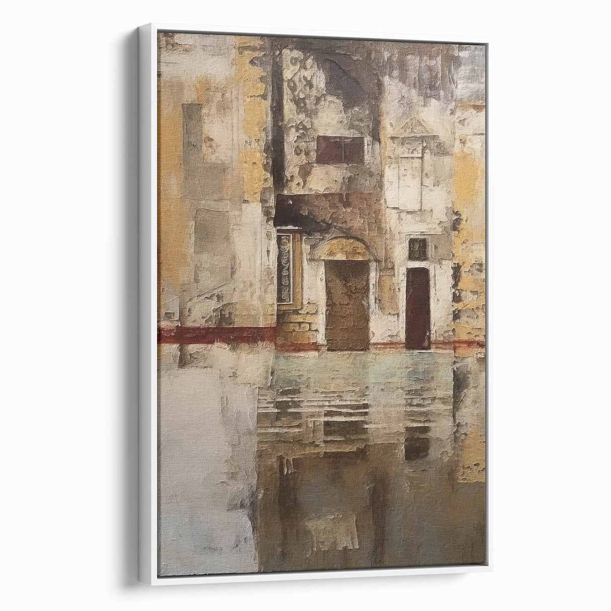 Framed canvas wall art showcasing an abstract architectural design in a minimalistic white setting, perfect for modern decor. The artwork emphasizes clean lines and geometric shapes, adding a contemporary touch to any room. Ideal for art lovers seeking unique, stylish home accents.