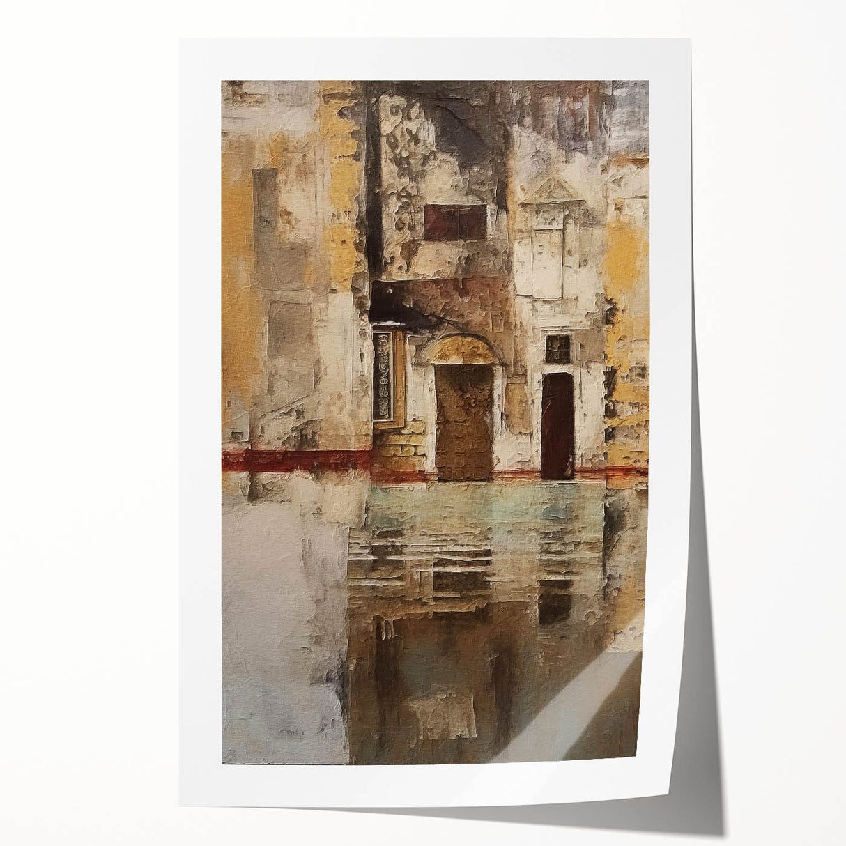 Abstract architecture wall art print showcasing vibrant geometric patterns in blue, orange, and yellow tones, designed to enhance modern interior decor.