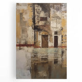 Abstract architectural wall art on stretched canvas, showcasing geometric shapes in a vibrant color palette, ideal for modern interior decor.