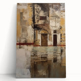 Abstract wall art depicting modern architecture with geometric shapes and vibrant colors, printed on stretched canvas, leaning against a wall for display.