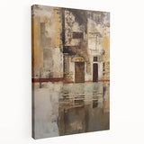 Abstract architecture wall art featuring geometric shapes and vibrant colors, displayed in a side view on a stretched canvas, perfect for modern home decor.