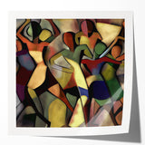 Abstract figurative art print displayed in a glossy finish, showcasing vibrant colors and dynamic shapes, perfect for modern home decor or gallery settings.