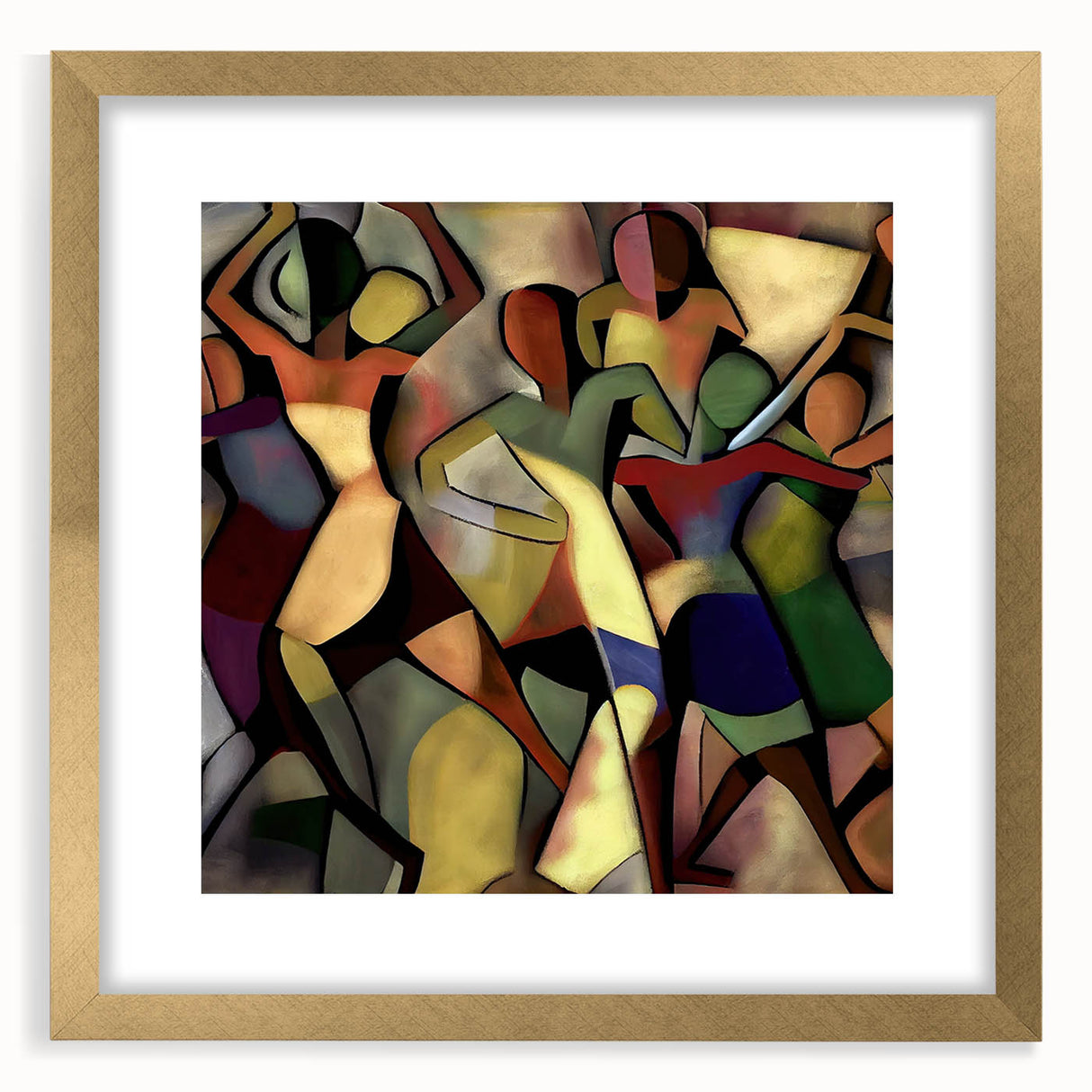 Abstract figurative frame with a gold mat, showcasing a contemporary art piece that blends elegance and modern design, ideal for home decor or gallery display.