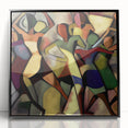 Abstract figurative framed acrylic artwork in a sleek black frame, showcasing vibrant colors and dynamic shapes, ideal for modern home decor.
