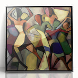 Abstract figurative framed acrylic artwork in a sleek black frame, showcasing vibrant colors and dynamic shapes, ideal for modern home decor.