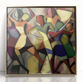 Framed abstract figurative art piece featuring gold accents and a modern design, displayed against a neutral background to enhance its artistic appeal.