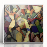 Framed acrylic artwork showcasing an abstract figurative design with vivid colors, set against a white background. Ideal for modern home decor or art enthusiasts.