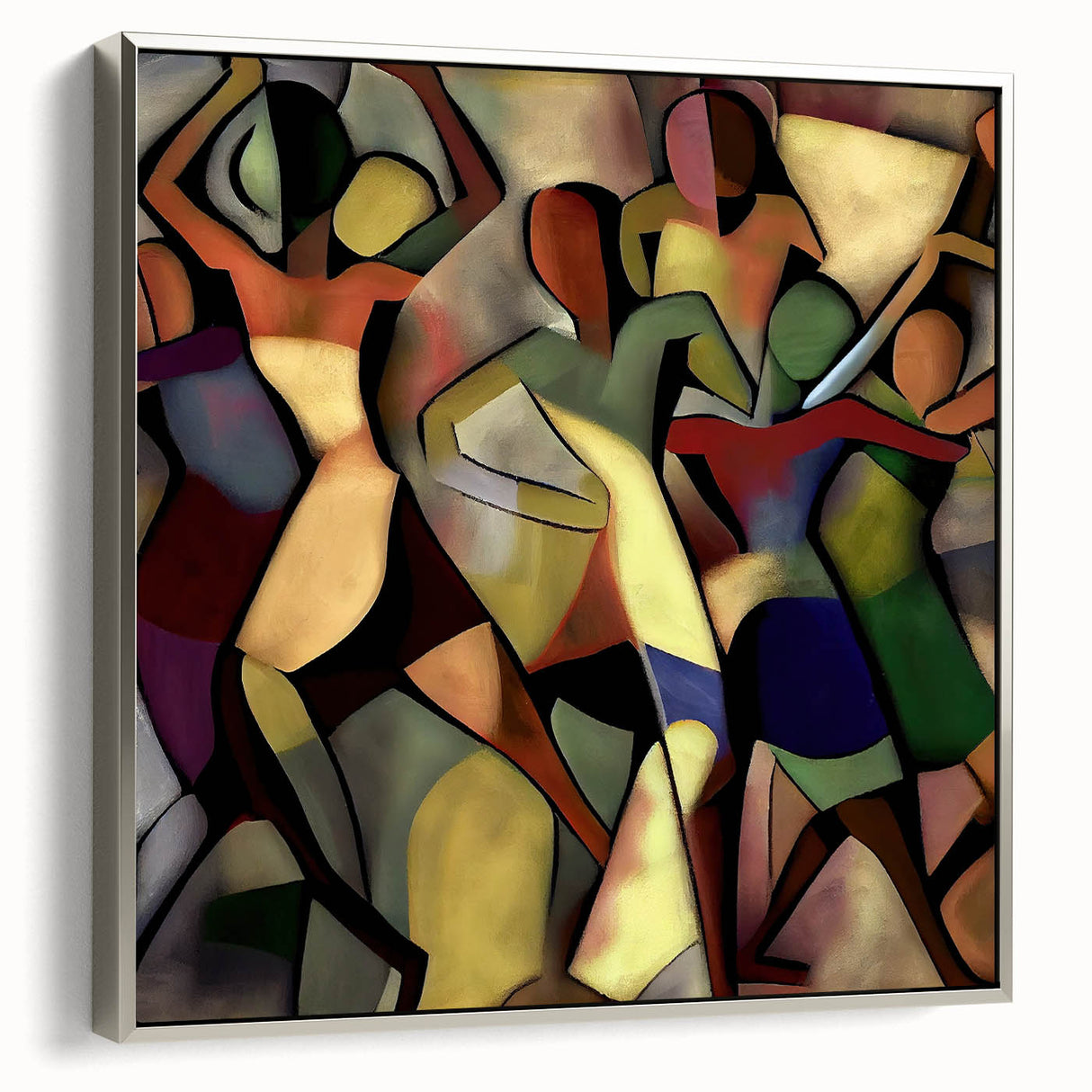 Abstract figurative framed canvas artwork showcasing intricate designs in soft silver tones, displayed from a side view, perfect for modern home decor.