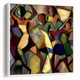 Framed abstract figurative canvas artwork displayed in a sleek white frame, showcasing vibrant colors and dynamic shapes, ideal for modern home decor.