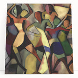 Abstract figurative stretched canvas art piece showcasing vibrant colors and dynamic shapes, ideal for modern home decor, leaning against a wall for display.