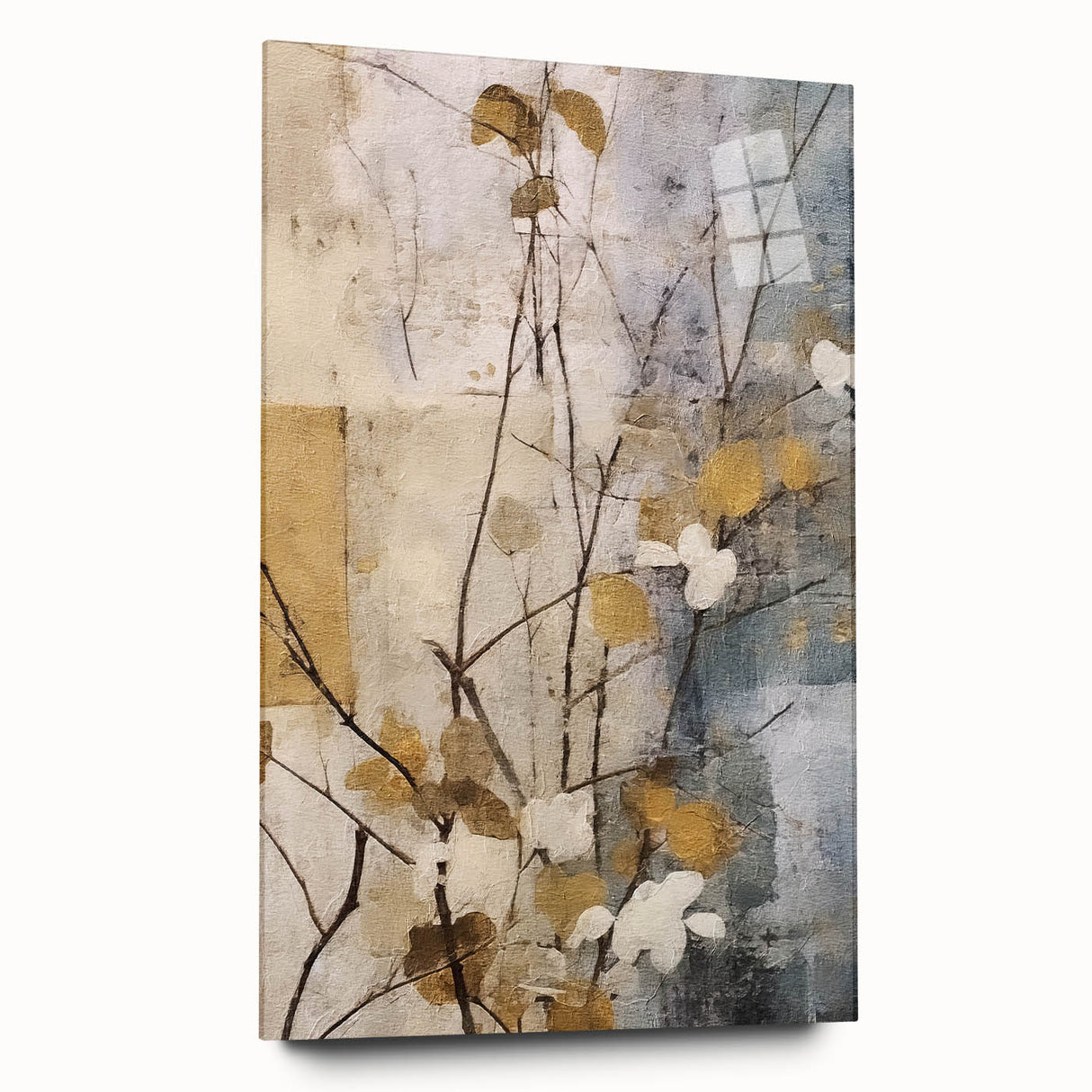 Abstract floral wall art design displayed in a sleek acrylic glass frame, showcasing vibrant colors and intricate patterns, perfect for modern home decor.
