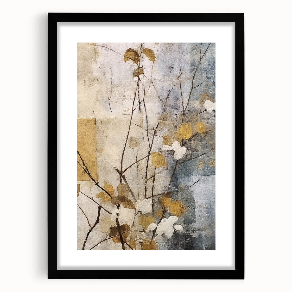 Abstract floral wall art featuring vibrant colors and intricate designs, framed with a sleek black mat, perfect for modern home decor.