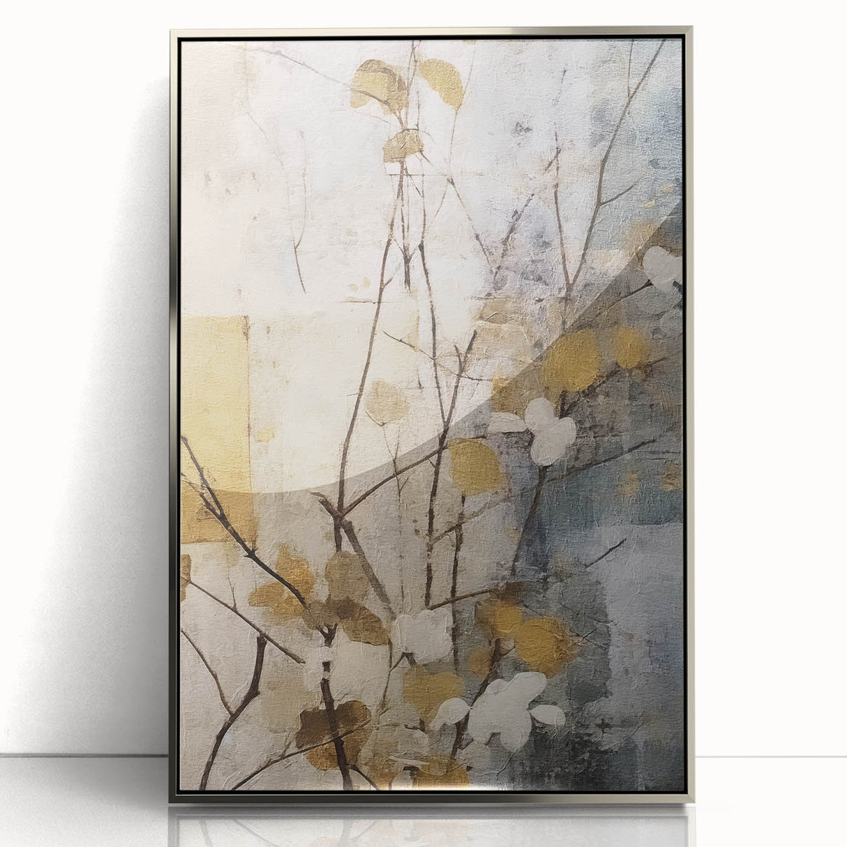 Framed wall art featuring abstract floral designs in vibrant colors, set in a sleek silver frame, perfect for modern home decor or office aesthetics.
