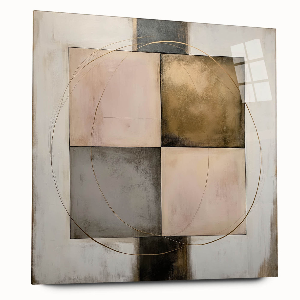 Abstract geometric acrylic glass art piece displayed from a side view, showcasing vibrant colors and intricate patterns, ideal for modern home decor.