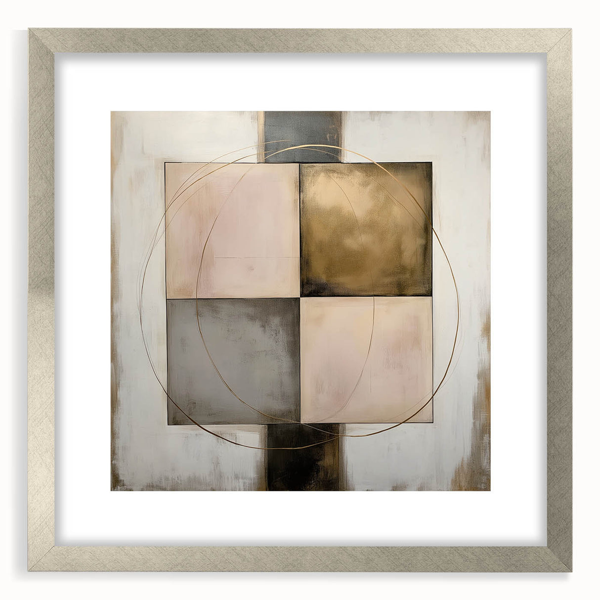 Abstract geometric silver frame with a mat, showcasing an elegant front view design, perfect for modern home decor or art display. Ideal for enhancing interior aesthetics.