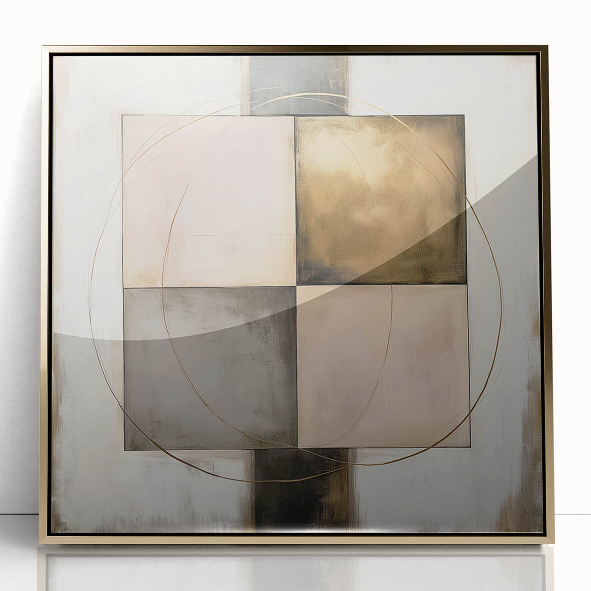 Abstract geometric art piece in a gold frame, showcasing intricate shapes and vibrant colors, perfect for modern home decor and interior design accents.