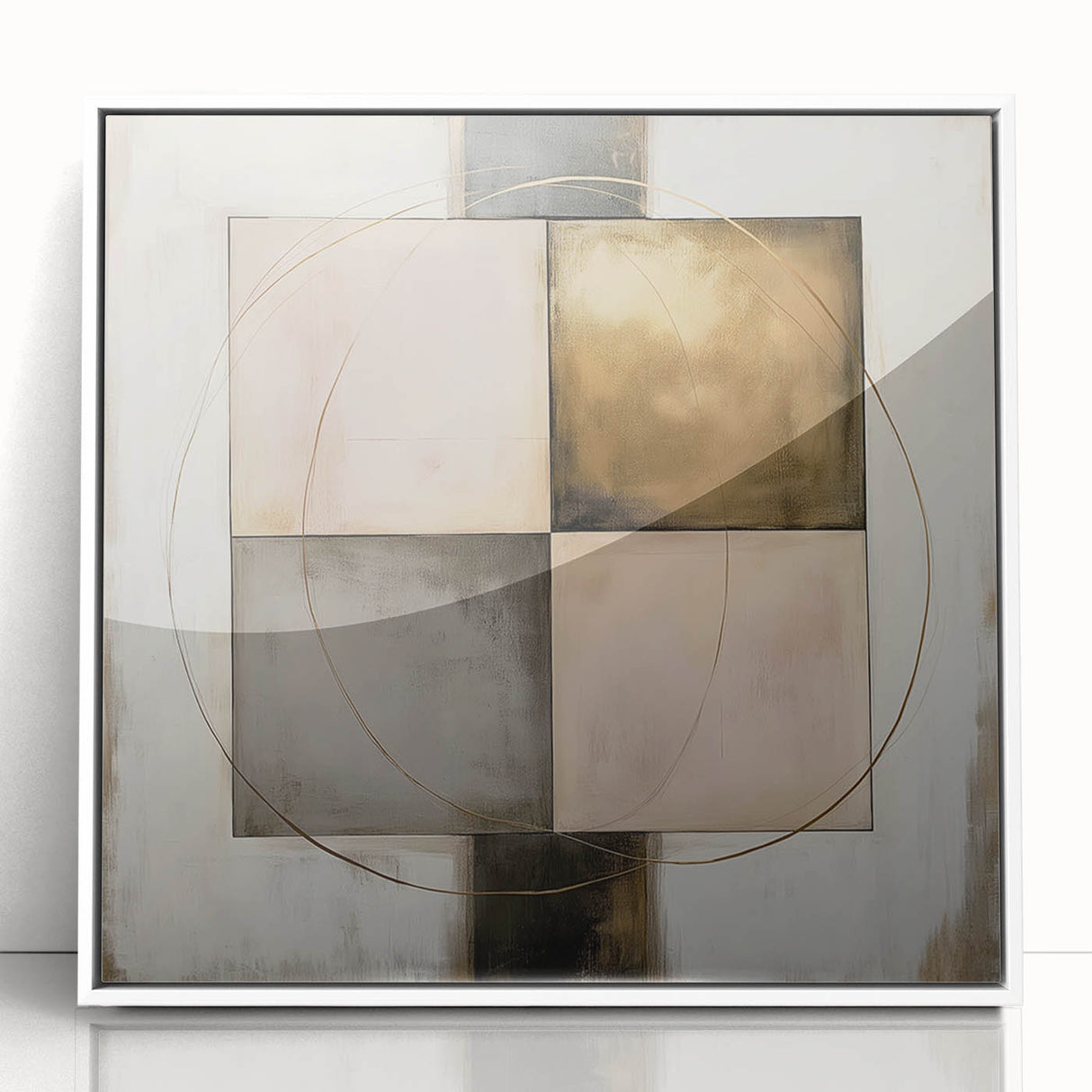Framed acrylic artwork showcasing a modern abstract geometric design with white accents, ideal for contemporary home decor, enhancing any living space.