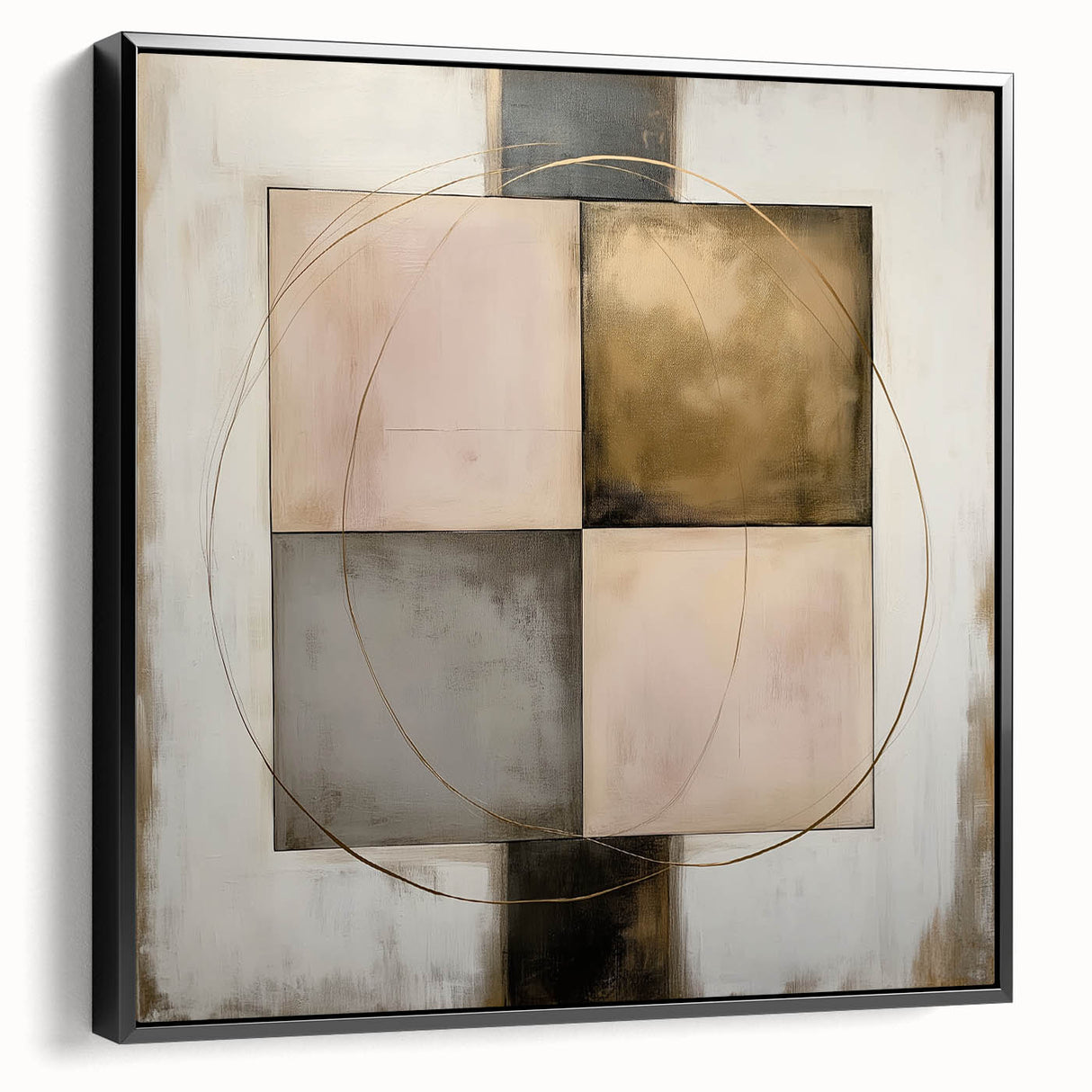 Framed geometric abstract canvas artwork in black, showcasing sharp angles and modern design elements, ideal for contemporary home decor. Perfect for enhancing minimalist interiors and adding a touch of sophistication to any living space.