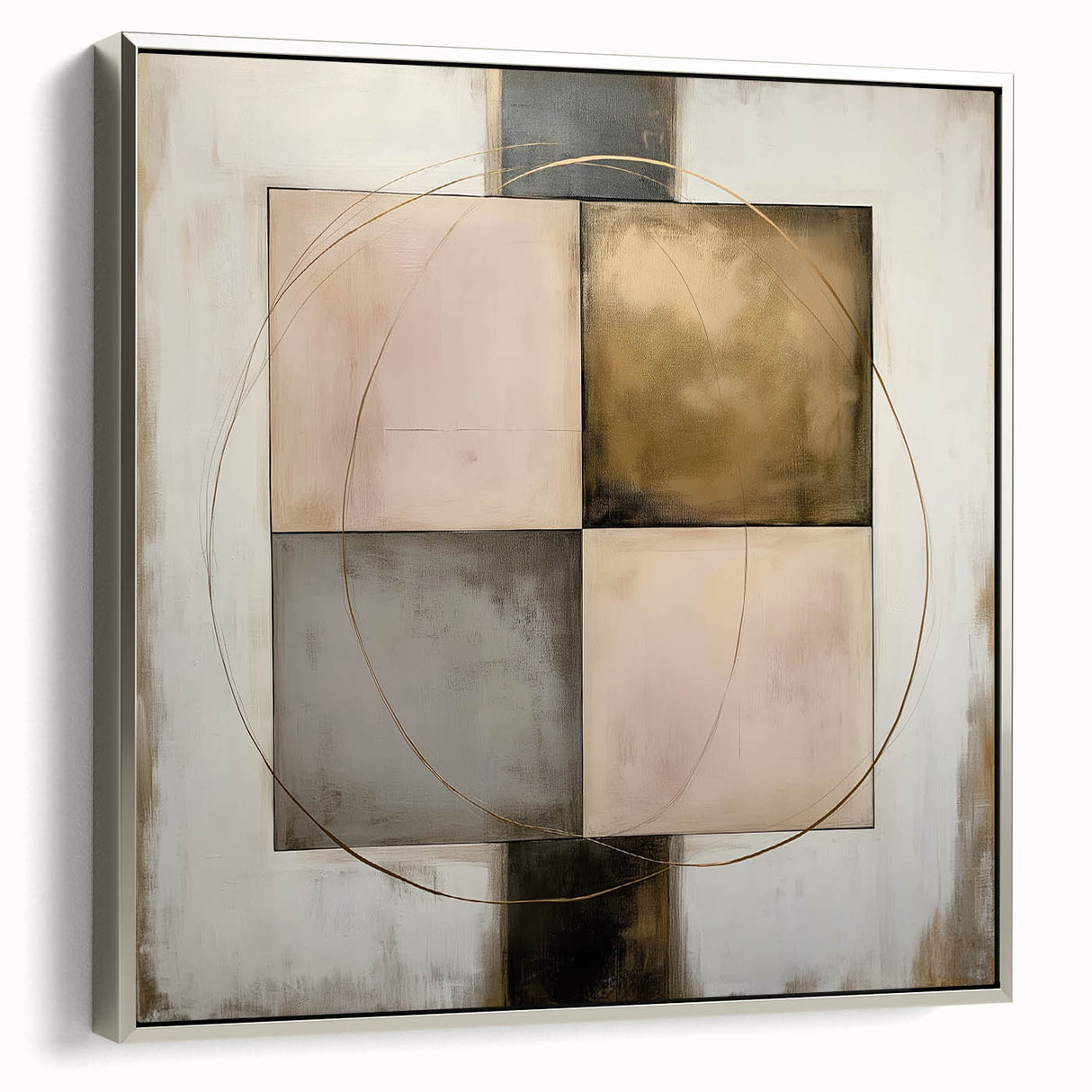 Abstract geometric framed canvas art in silver, showcasing intricate patterns and a modern aesthetic, perfect for contemporary home decor. The side view highlights the elegant frame and vibrant colors that enhance any interior space.